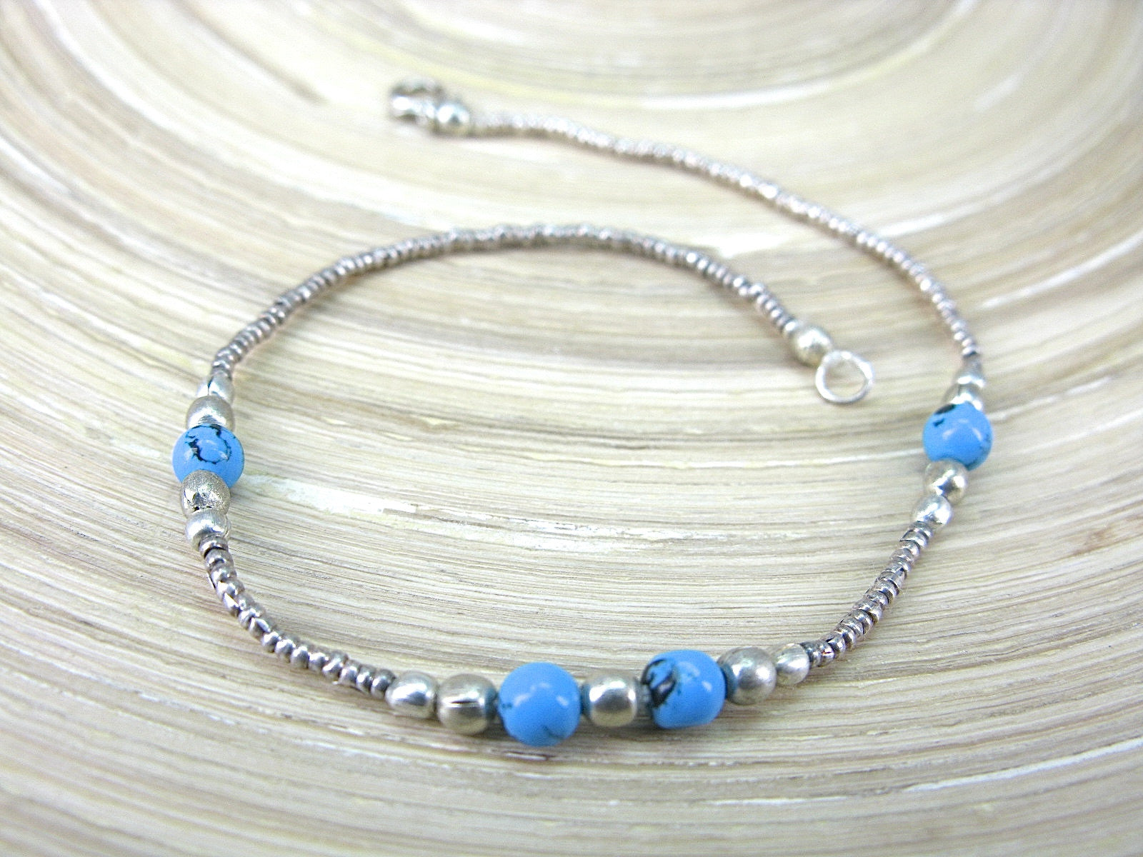 Turquoise Bead Tribal Oxidized 925 Sterling Silver Bracelet