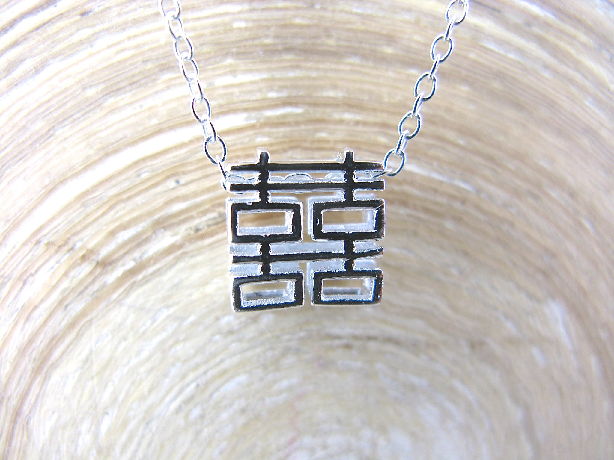 Double Happiness Chinese Character Pendant Chain Necklace in 925 Sterling Silver