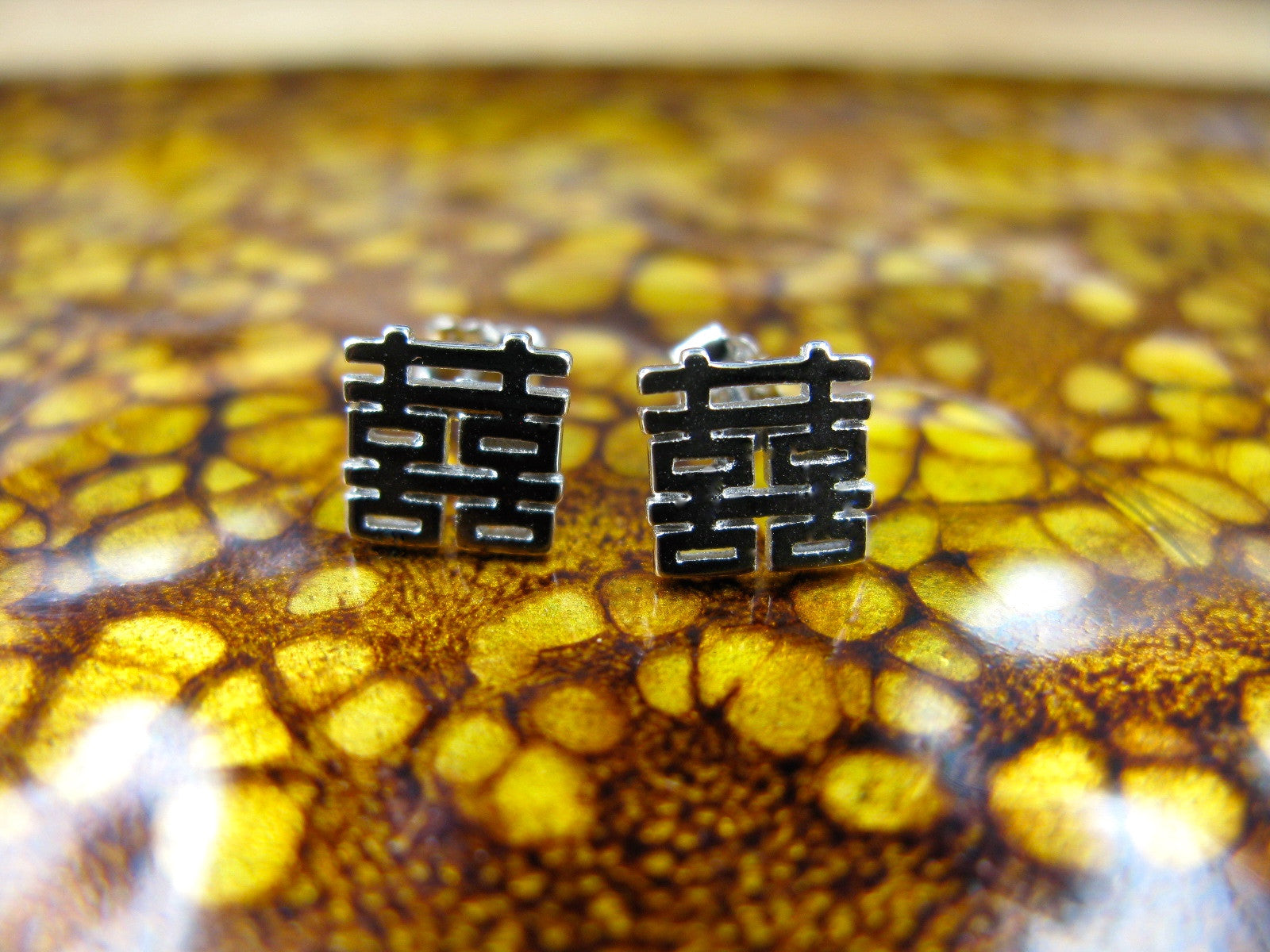 Double Happiness Chinese Character 925 Sterling Silver Stud Earrings Stud - Faith Owl