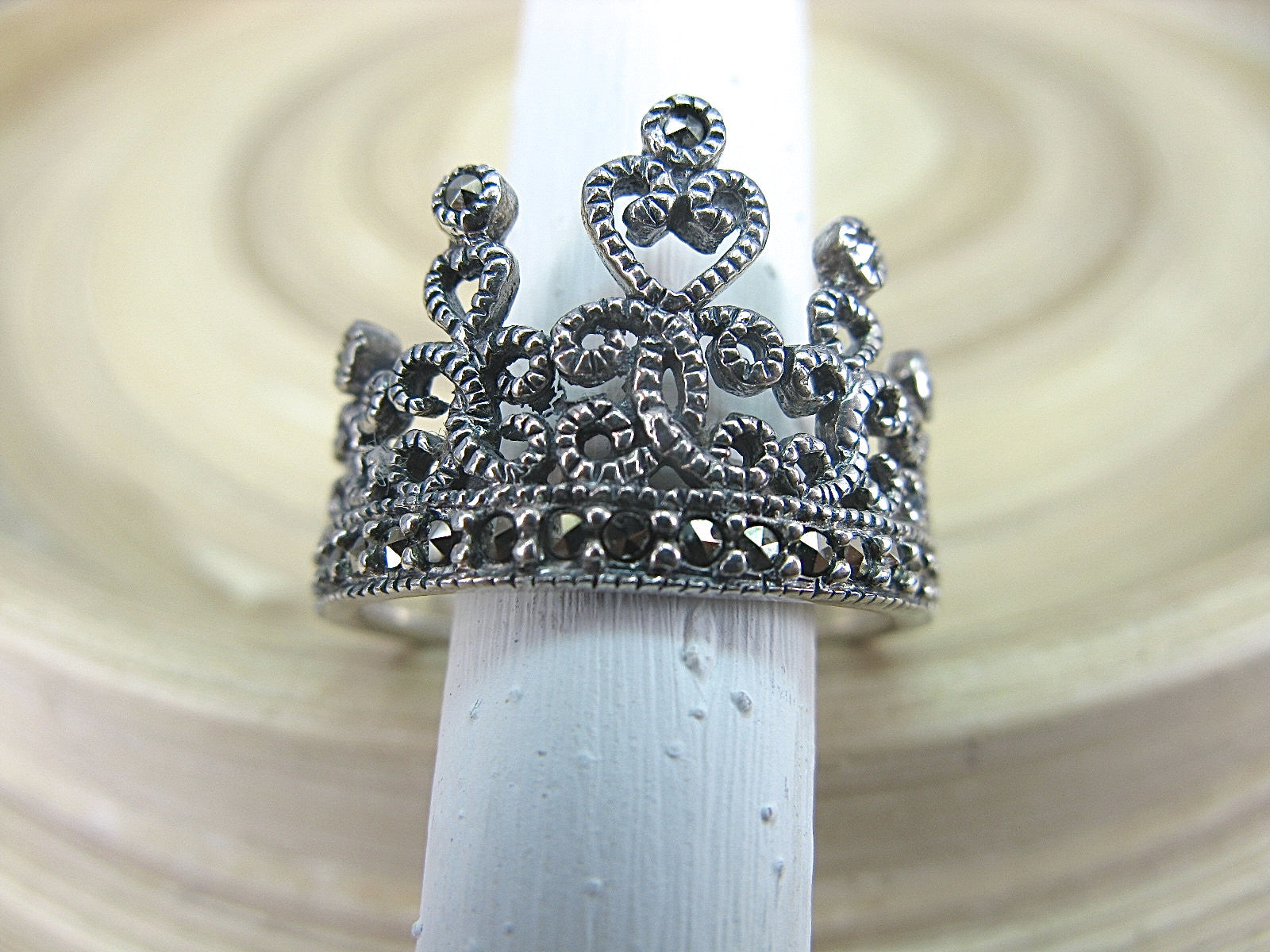 Crown Tiara Marcasite Vintage 925 Sterling Silver Ring Ring - Faith Owl