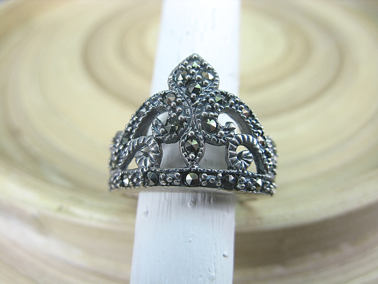 Crown Marcasite Filigree Tiara Vintage 925 Sterling Silver Ring Ring - Faith Owl