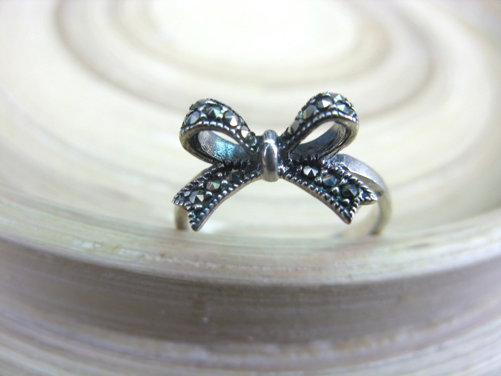 Ribbon Bow Marcasite Vintage 925 Sterling Silver Ring Ring Faith Owl - Faith Owl