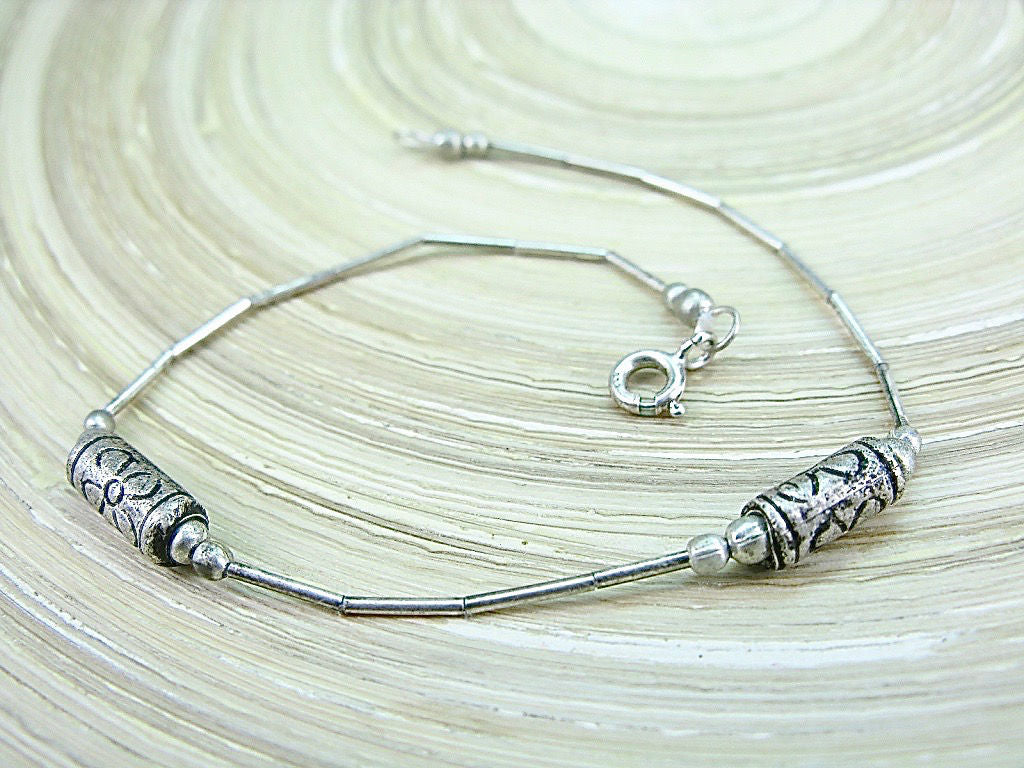 Silver Bead Tribal Engrave Flower Oxidized 925 Sterling Silver Bracelet