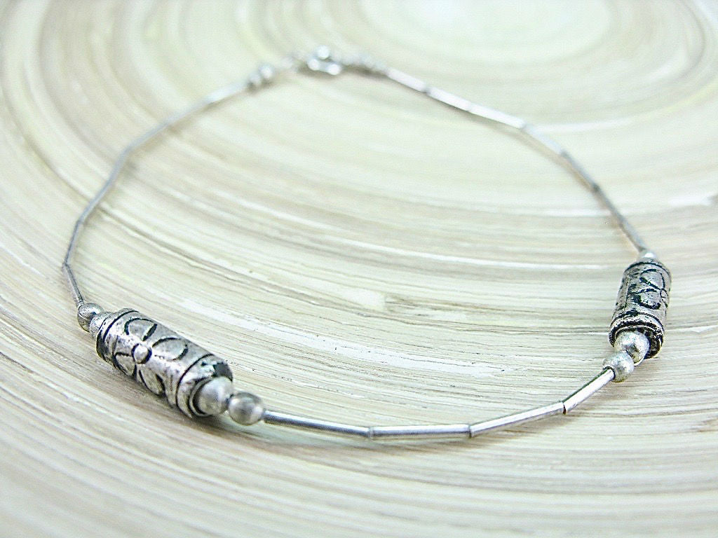 Silver Bead Tribal Engrave Flower Oxidized 925 Sterling Silver Bracelet