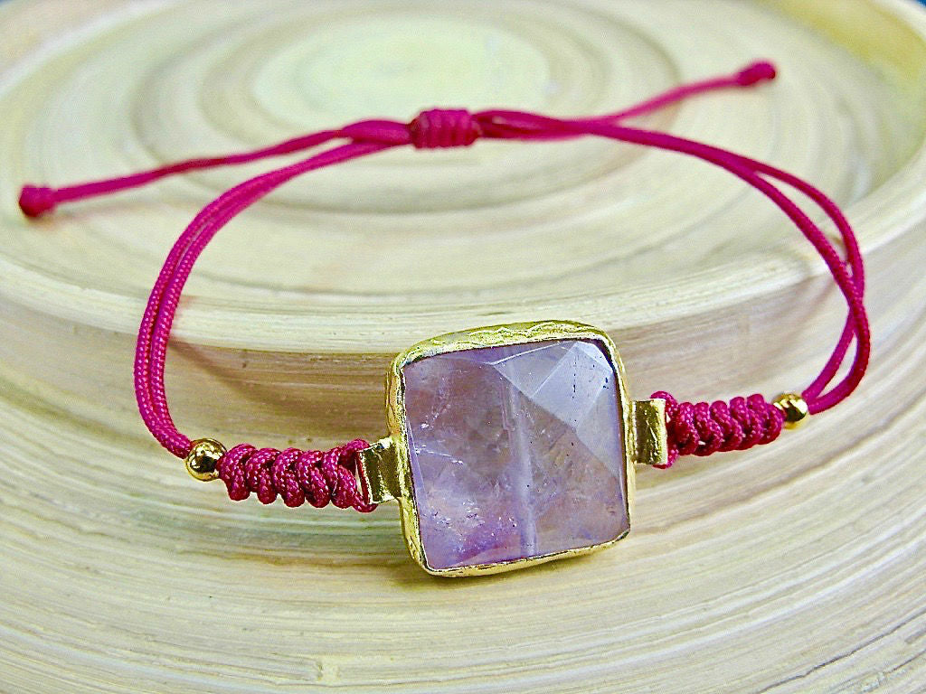 Amethyst Gold Plated Macrame 925 Sterling Silver Bracelet