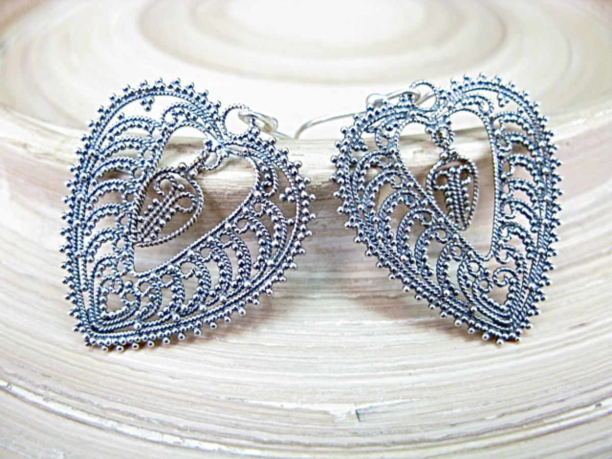 Balinese Bead Filigree Leaf Oxidized 925 Sterling Silver Earrings