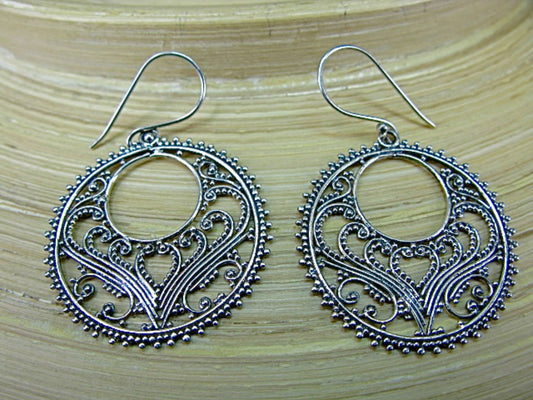 Round Balinese Bead Filigree Oxidized 925 Sterling Silver Earrings