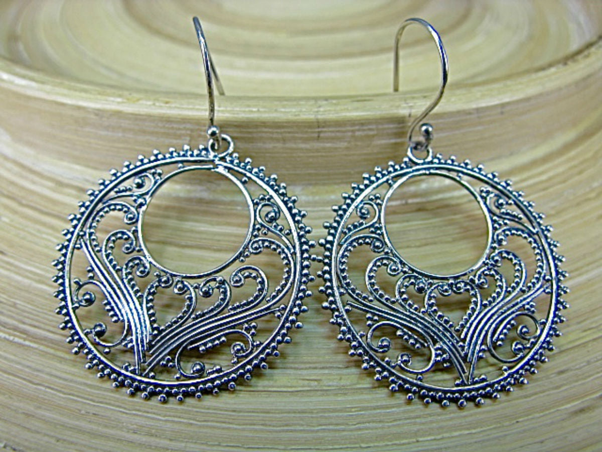 Round Balinese Bead Filigree Oxidized 925 Sterling Silver Earrings