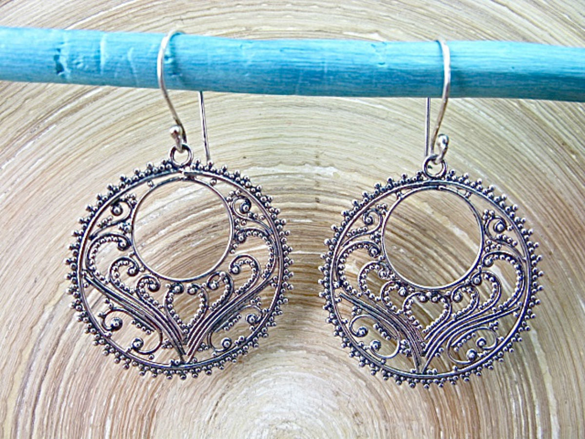 Round Balinese Bead Filigree Oxidized 925 Sterling Silver Earrings