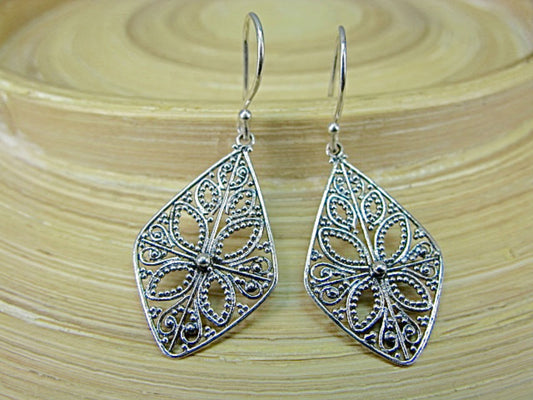 Leaf Balinese Bead Filigree Oxidized 925 Sterling Silver Earrings