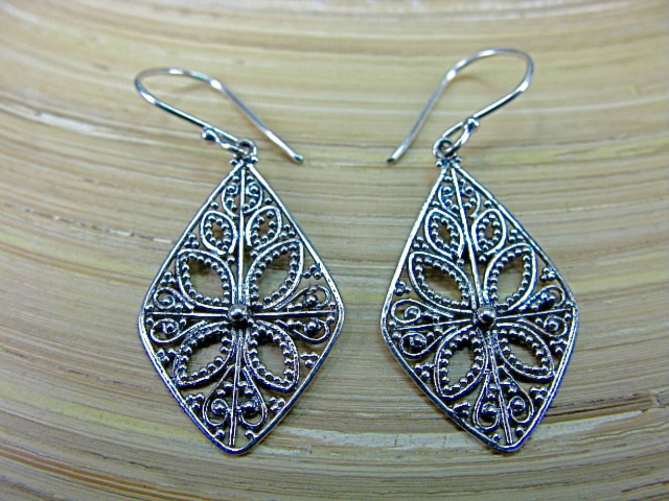 Leaf Balinese Bead Filigree Oxidized 925 Sterling Silver Earrings