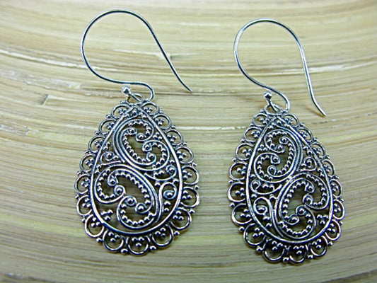 Paisley Balinese Bead Filigree Oxidized 925 Sterling Silver Earrings