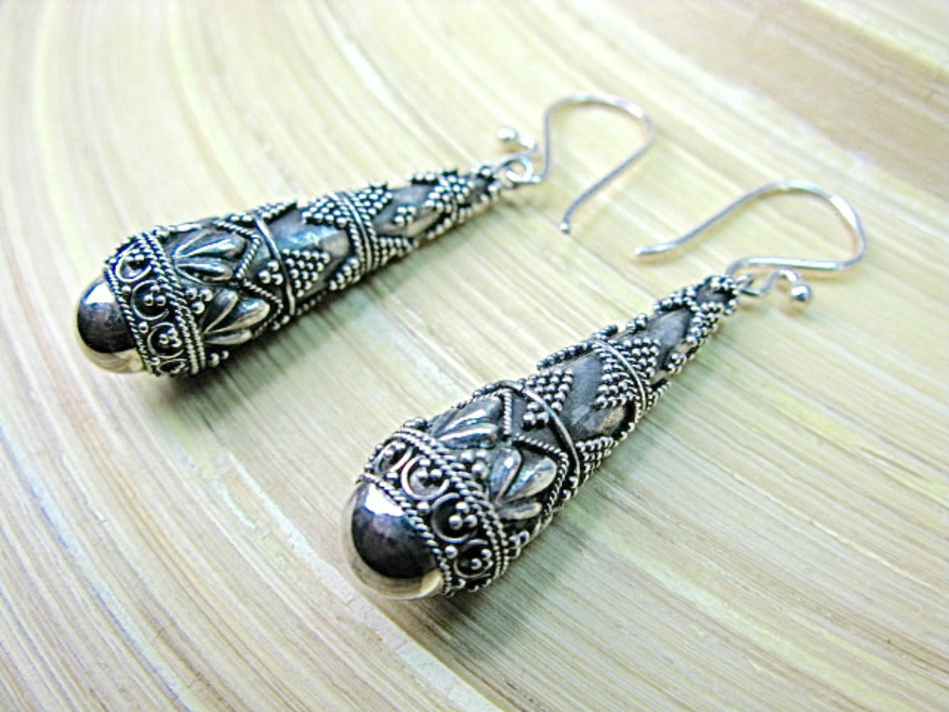 Handmade Balinese Drop Bead Dangle Earrings in 925 Sterling Silver