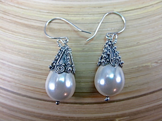 Handmade Balinese Bead Pearl Oxidized 925 Sterling Silver Earrings