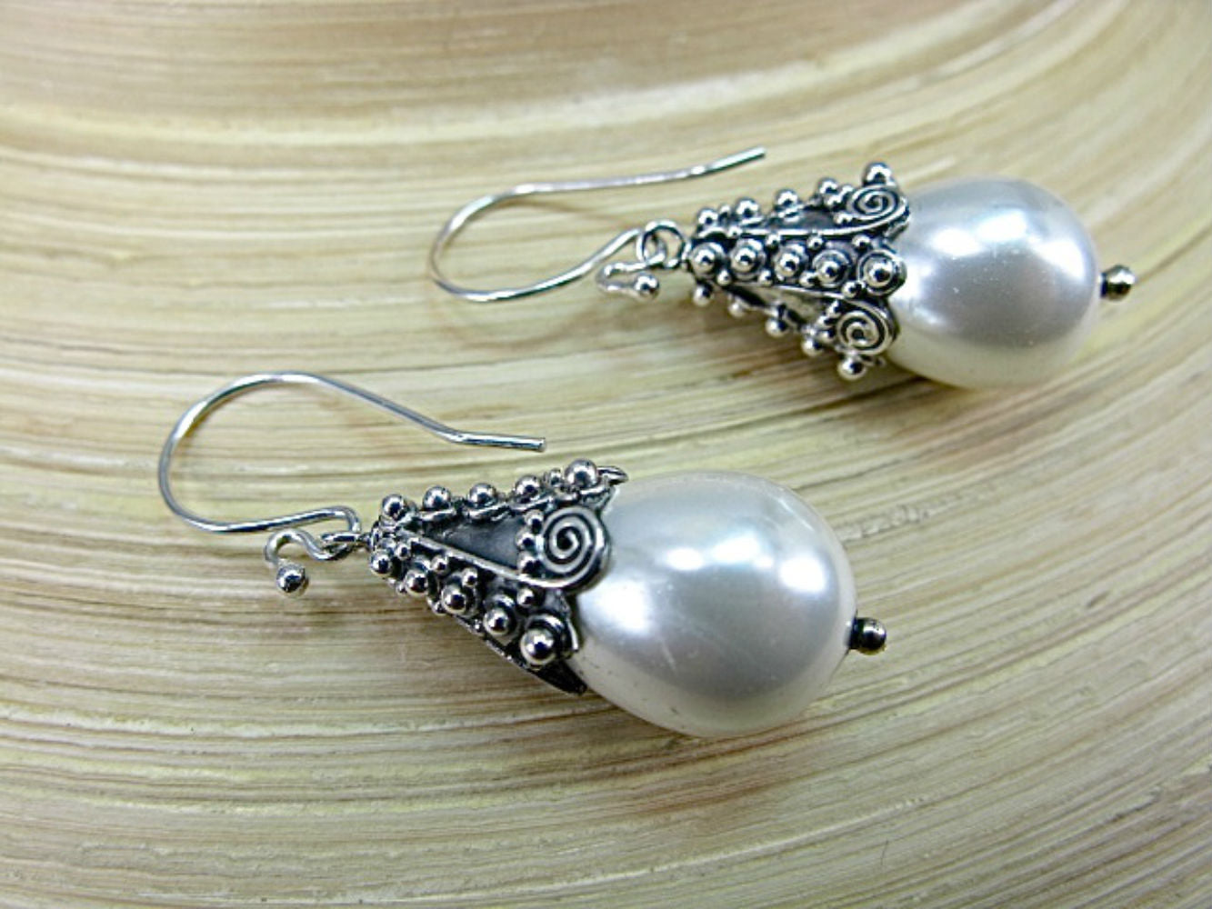 Handmade Balinese Bead Pearl Oxidized 925 Sterling Silver Earrings