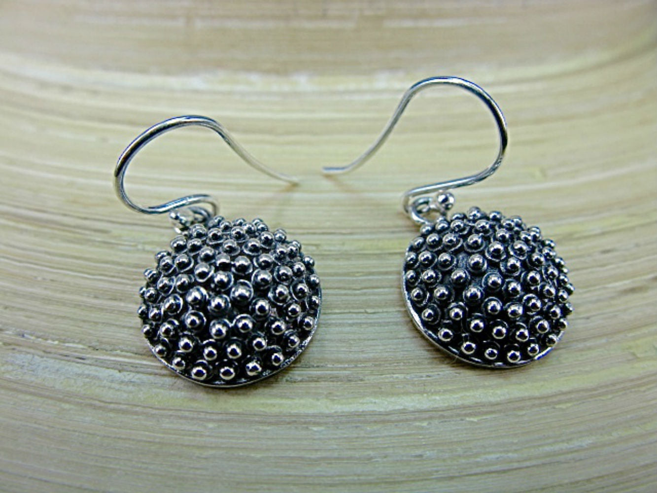 Sea Urchin Handmade Balinese Oxidized 925 Sterling Silver Ear Wire Earrings