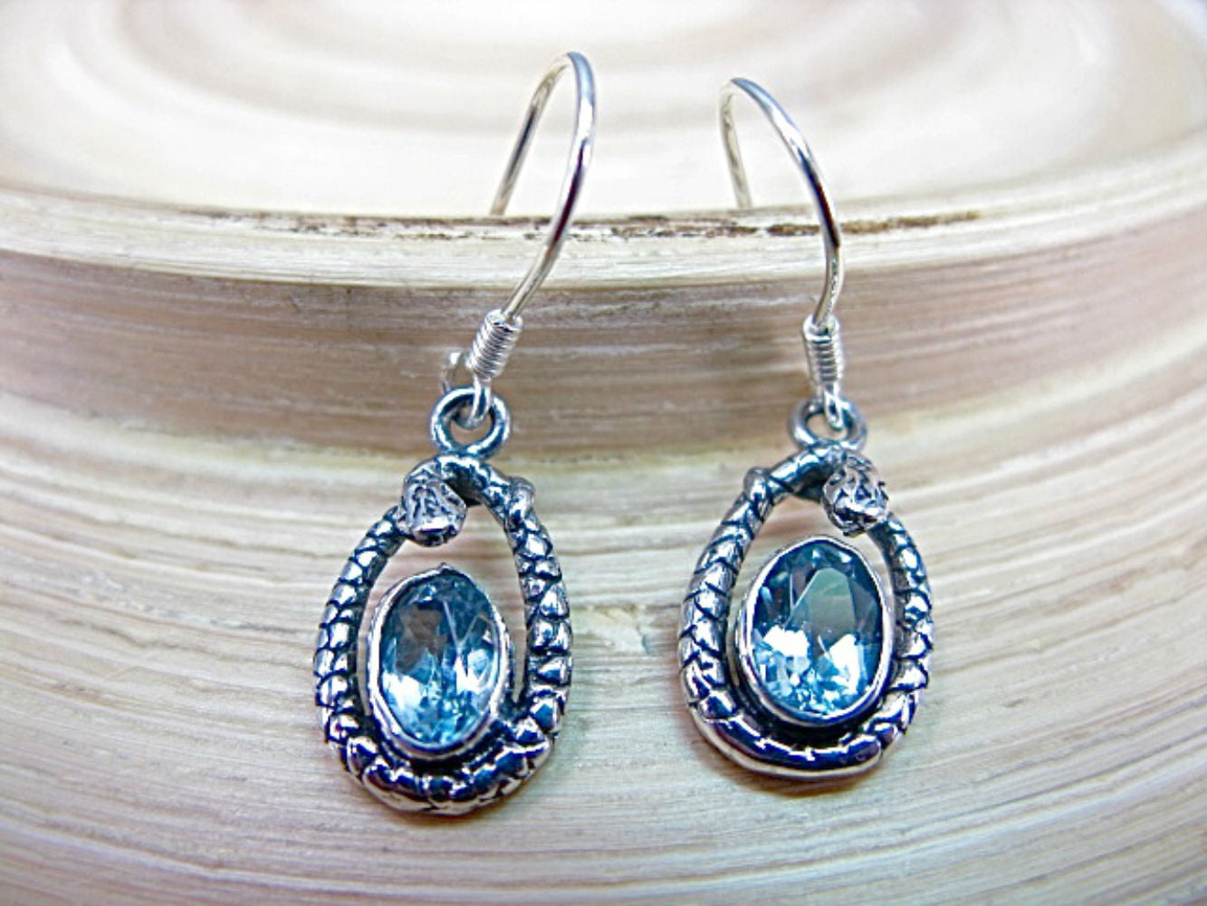 Blue Topaz Balinese Engraved Dangle 925 Sterling Silver Earrings