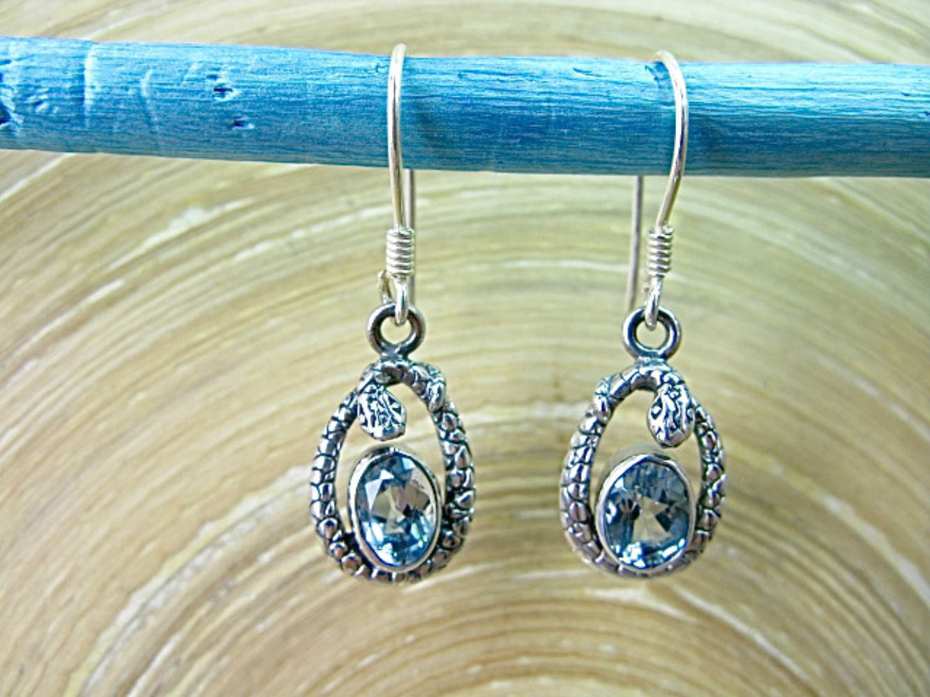 Blue Topaz Balinese Engraved Dangle 925 Sterling Silver Earrings