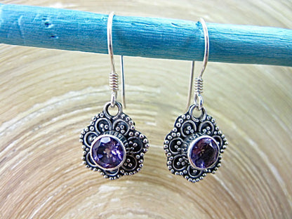 Engraved Flower Amethyst 925 Sterling Silver Earrings