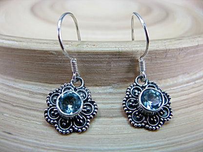 Engraved Flower Blue Topaz 925 Sterling Silver Earrings