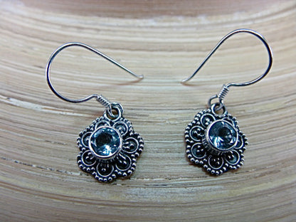 Engraved Flower Blue Topaz 925 Sterling Silver Earrings