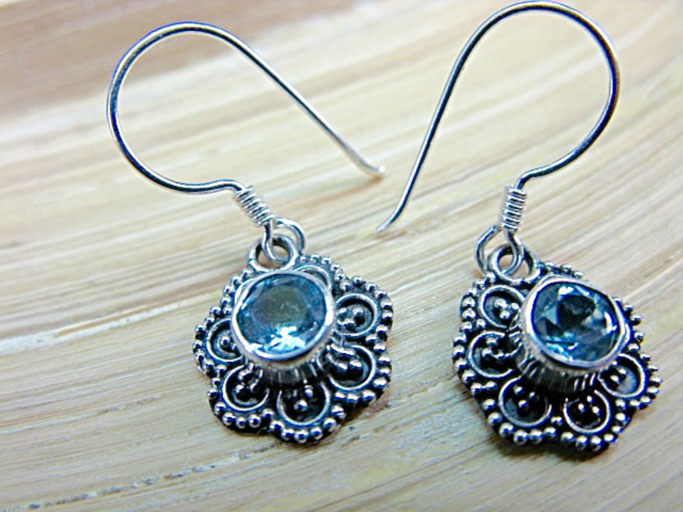 Engraved Flower Blue Topaz 925 Sterling Silver Earrings