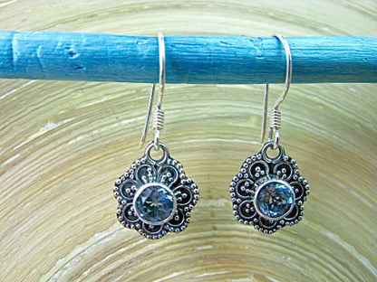 Engraved Flower Blue Topaz 925 Sterling Silver Earrings