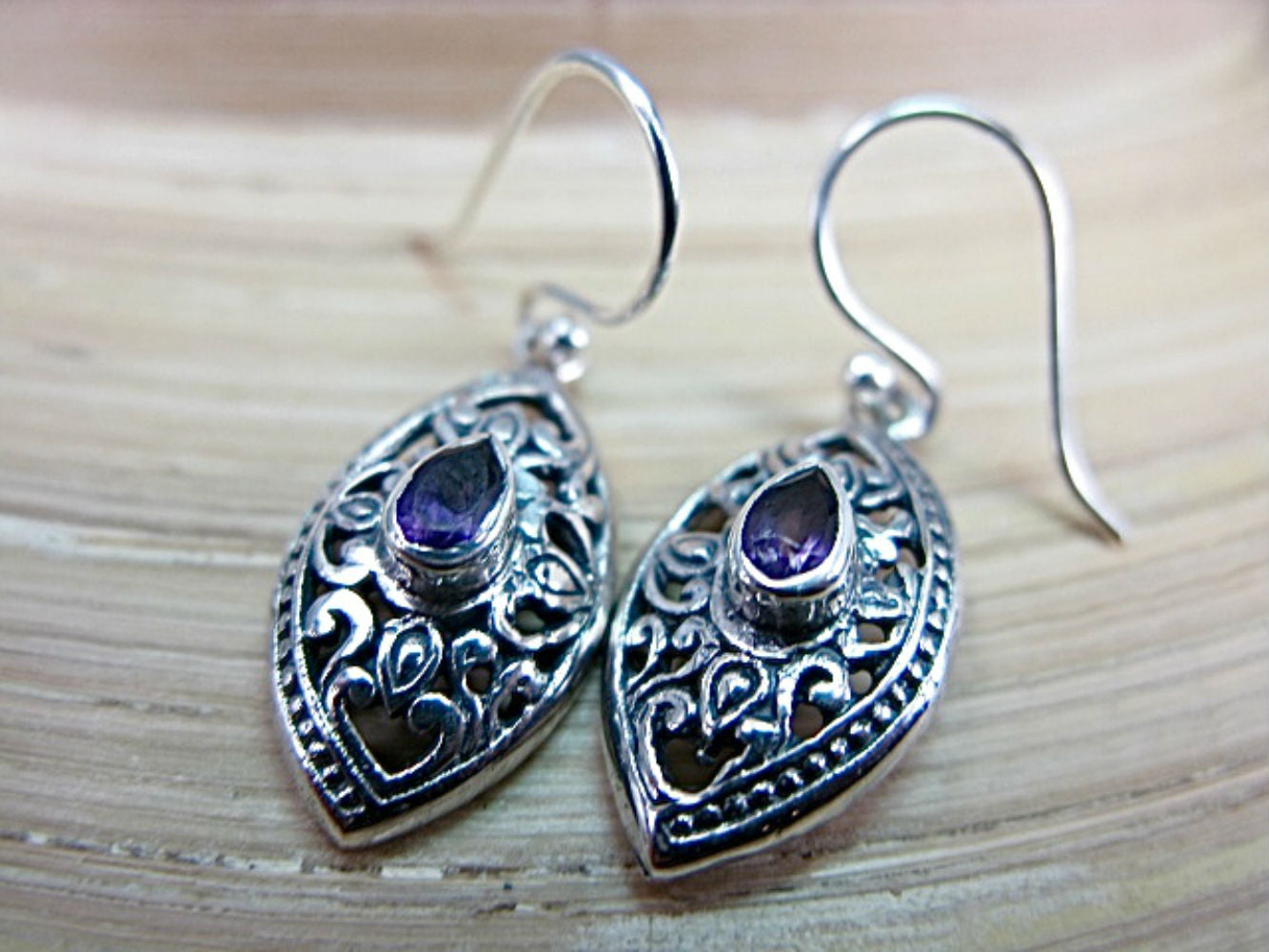 Filigree Amethyst Marquise Shaped 925 Sterling Silver Earrings