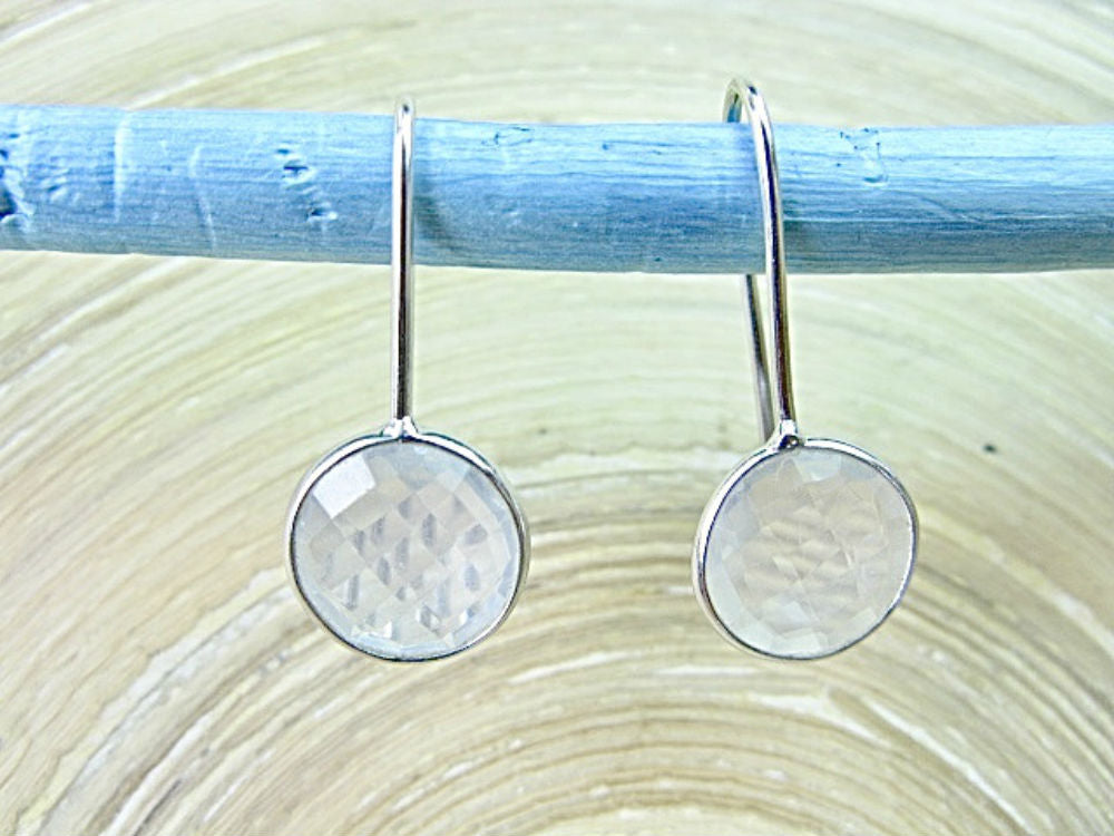 Rock Crystal Round 925 Sterling Silver Long Ear Wire Earrings