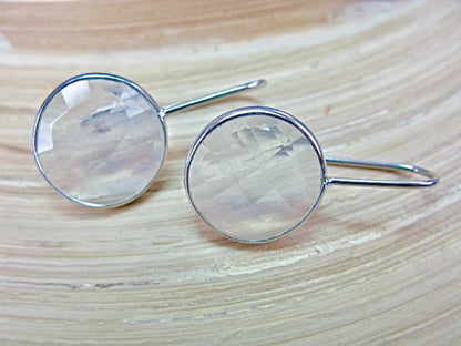 Large Rock Crystal Round 925 Sterling Silver Long Ear Wire Earrings