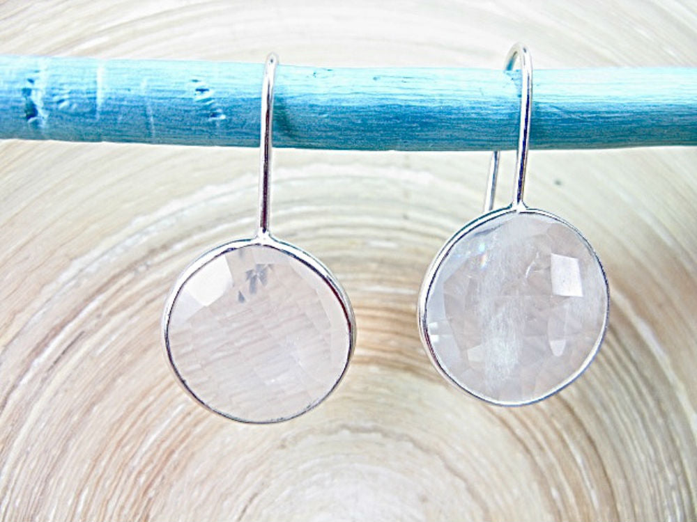 Large Rock Crystal Round 925 Sterling Silver Long Ear Wire Earrings