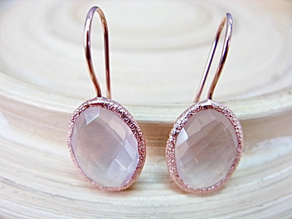 Pink Quartz Oval Shaped 925 Sterling Silver Long Ear Wire Earrings
