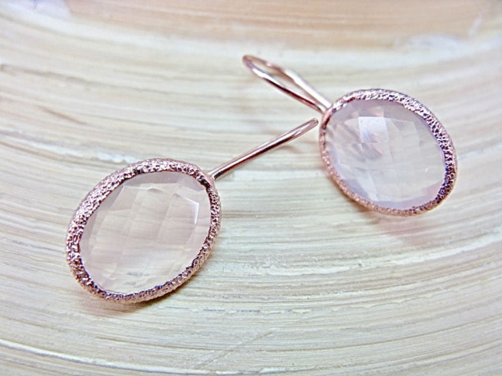 Pink Quartz Oval Shaped 925 Sterling Silver Long Ear Wire Earrings