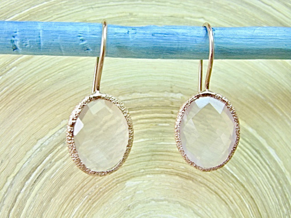 Pink Quartz Oval Shaped 925 Sterling Silver Long Ear Wire Earrings