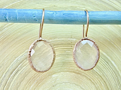 Pink Quartz Oval Shaped 925 Sterling Silver Long Ear Wire Earrings