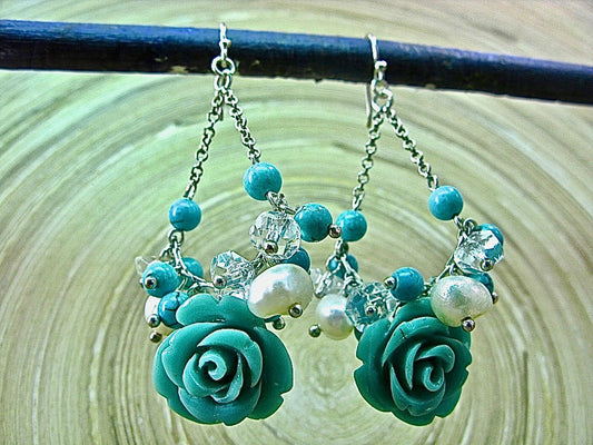 Synthetic Blue Coral Rose Flower Chandelier 925 Sterling Silver Earrings