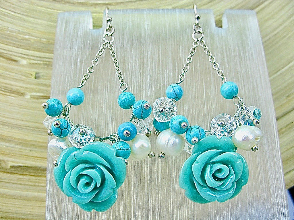 Synthetic Blue Coral Rose Flower Chandelier 925 Sterling Silver Earrings