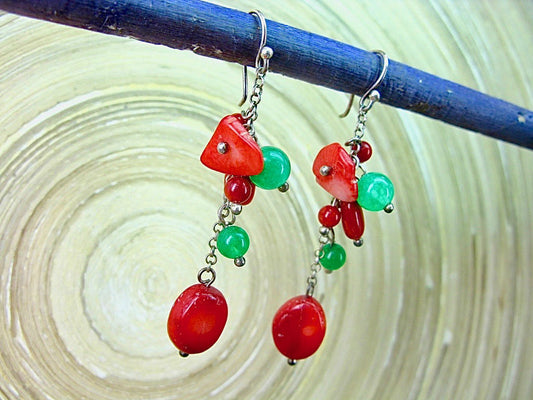 Coral Green Agate Dangle 925 Sterling Silver Earrings