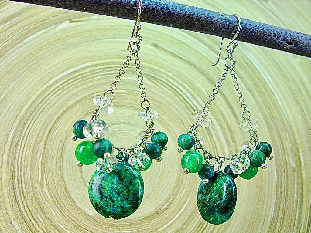 Green Agate Turquoise Chandelier Dangle 925 Sterling Silver Earrings
