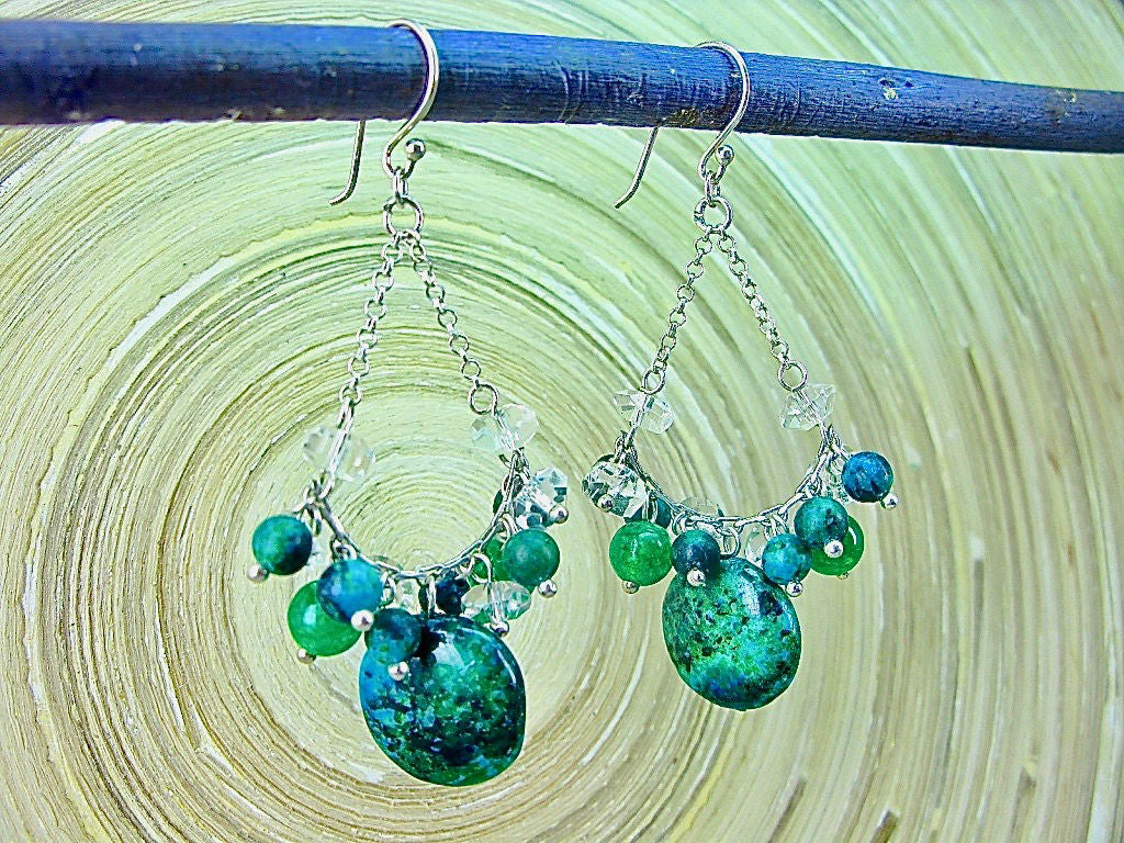 Green Agate Turquoise Chandelier Dangle 925 Sterling Silver Earrings