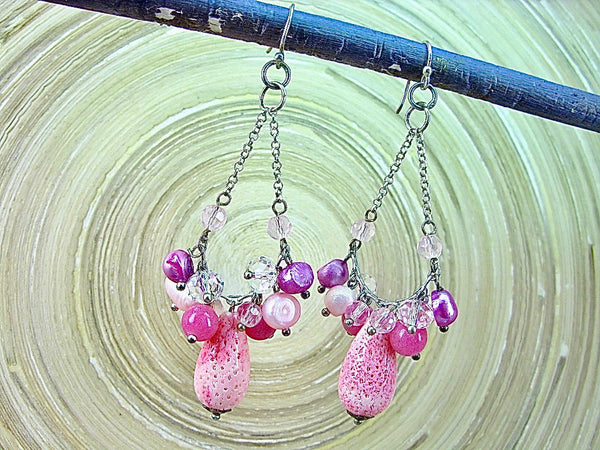 Pink Lava Stone Chandelier 925 Sterling Silver Earrings