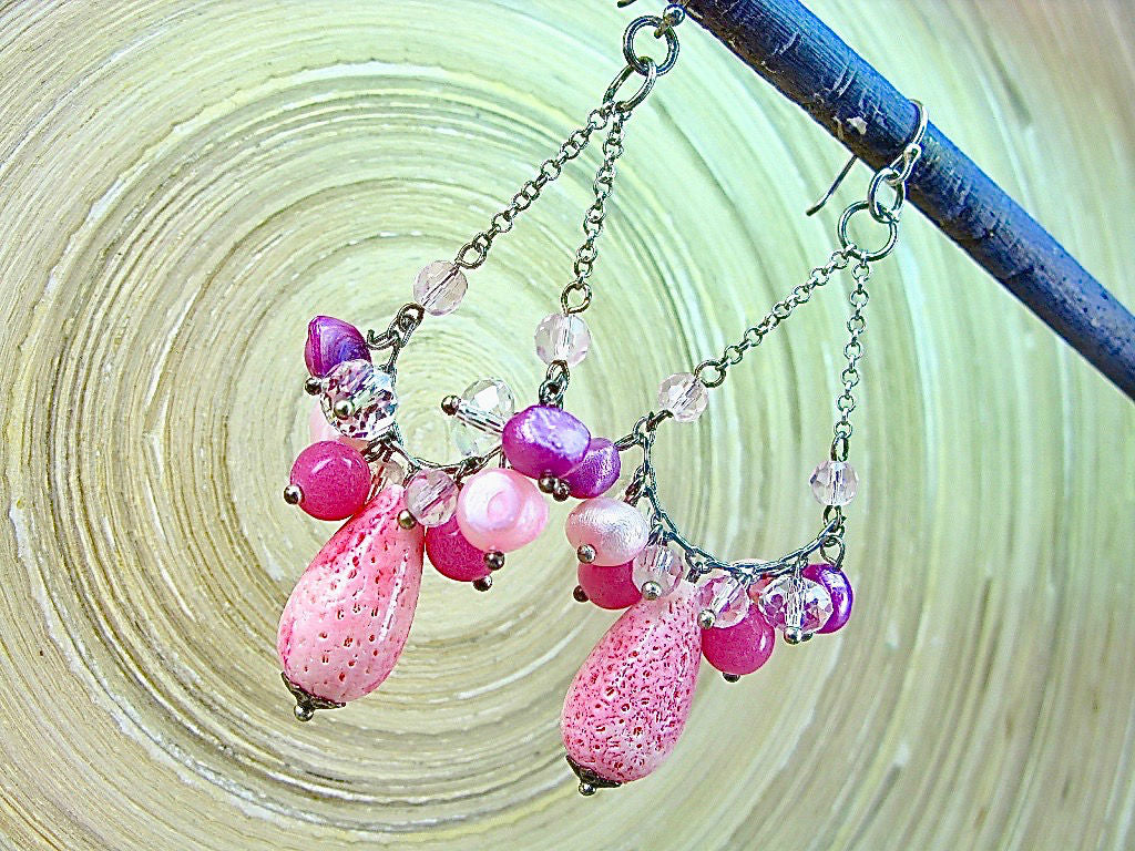 Pink Lava Stone Chandelier 925 Sterling Silver Earrings