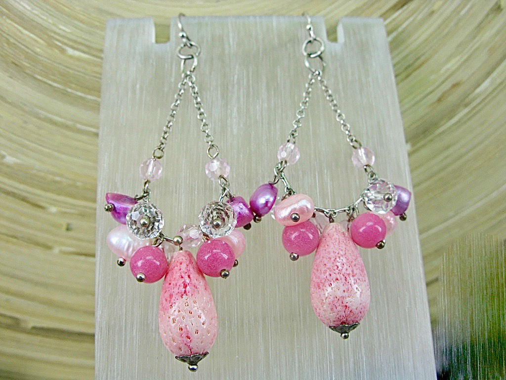 Pink Lava Stone Chandelier 925 Sterling Silver Earrings