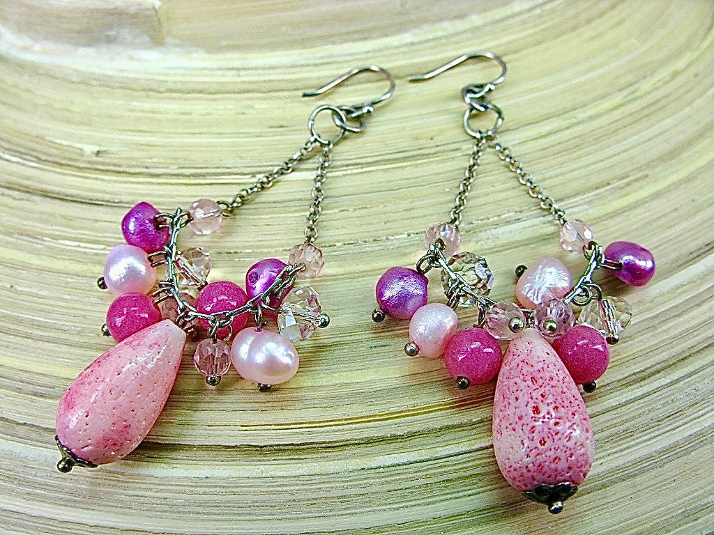 Pink Lava Stone Chandelier 925 Sterling Silver Earrings