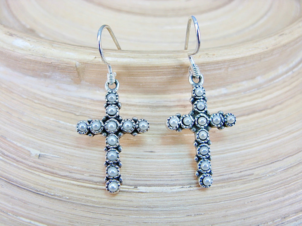 Cross Pearl 925 Sterling Silver Earrings