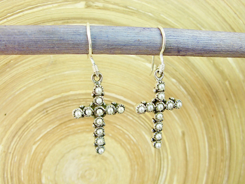 Cross Pearl 925 Sterling Silver Earrings