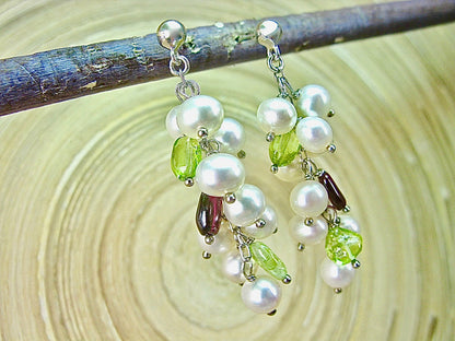 Pearl Garnet Peridot Dangle 925 Sterling Silver Earrings