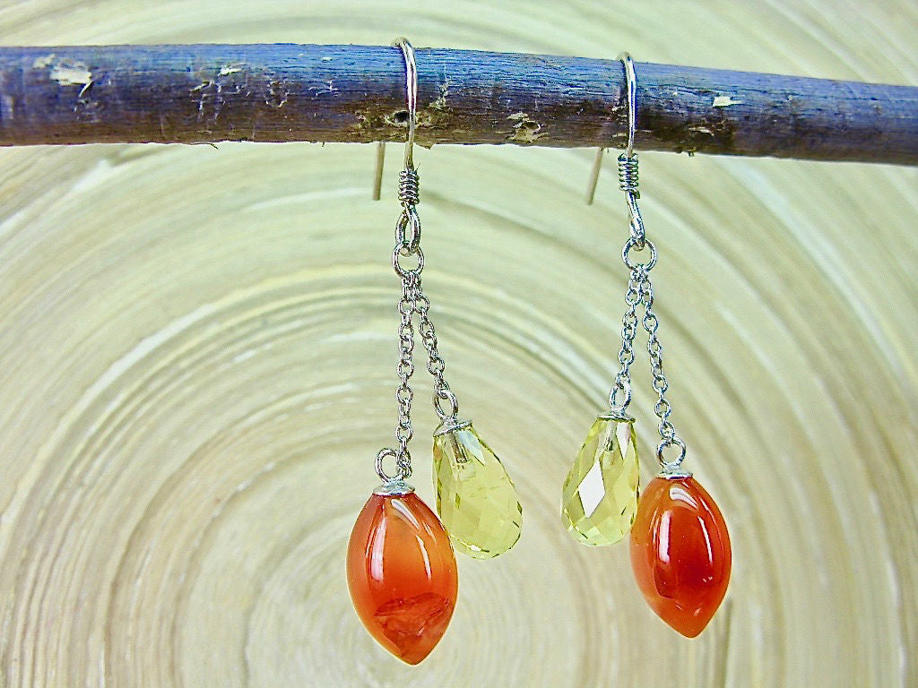 Carnelian Lime Quartz 925 Sterling Silver Earrings