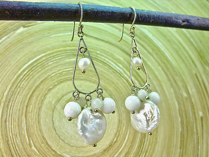 Coin Pearl White Agate Chandelier 925 Sterling Silver Earrings