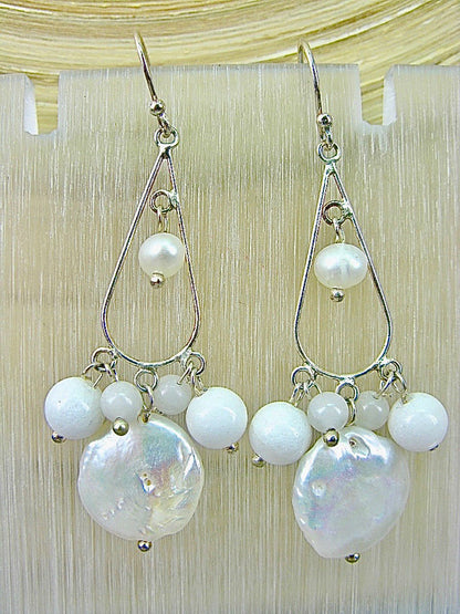 Coin Pearl White Agate Chandelier 925 Sterling Silver Earrings